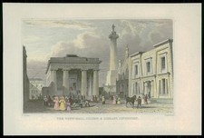 1830 DEVON Antique Print TOWN-HALL COLUMN DEVONPORT LIBRARY Hand Colour (DVP109)