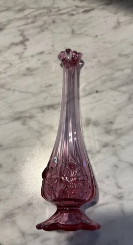 Fenton Cabbage Rose Swung Glass Bud Vase Pink Dusty Rose 10" Tall