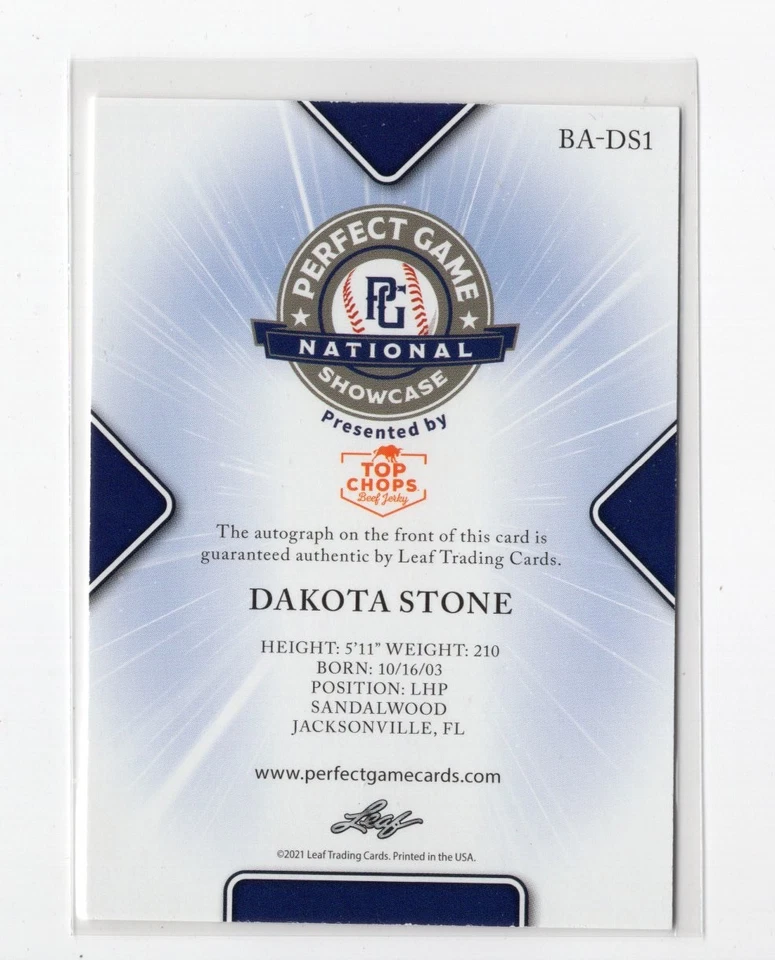2021 Leaf Perfect Game National Showcase Auto Black SP/50 Dakota Stone #BA-DS1 - Image 2 of 2