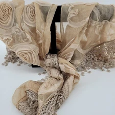 Sheer Rose Embellished Scarf Shawl Lace Trim Beige Elegant Beige Triangle Wrap