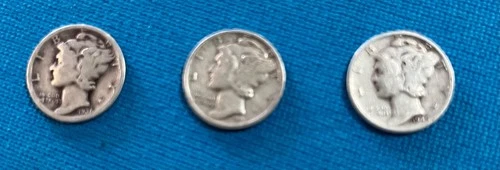 Lot of 3 - Mercury Dimes - 1936, 1941, 1945 in Good to Very Good  Condition