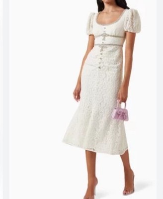 Self-Portrait White Guipure Lace-Trimmed Midi Dress Size 8