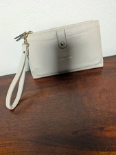 Nanette Lepore Wristlet Wallet Beige Pebbled Faux Leather with Gold Hardware