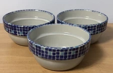 Lot Of 3 -Grestel Stoneware Cobalt Blue Check Soup/Cereal Bowl, Made in Portugal