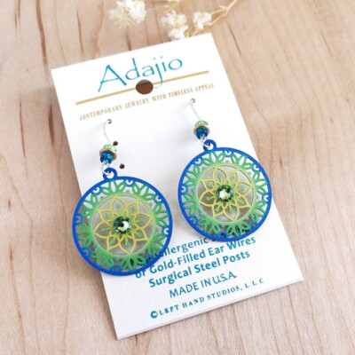 Adajio Mandala Drop Earrings Sterling Silver Hook Yellow Green and Blue Handmade