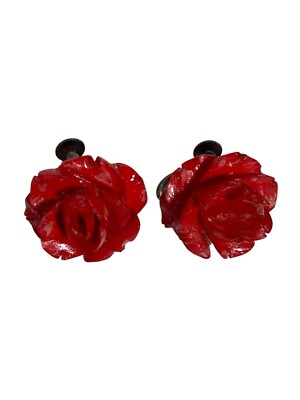 Vintage Red Rose Clip-On Floral Earrings Japan Silver