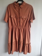 QED London tiered hem utility shirt dress Summer Rust Tan Cotton Uk 16