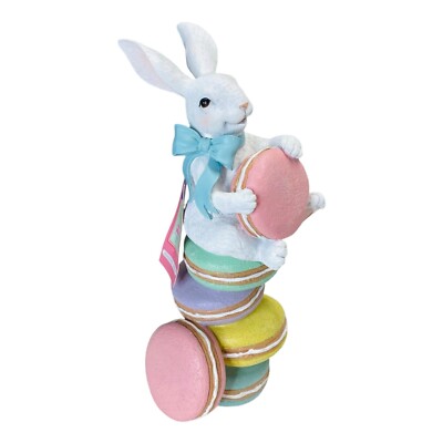 Sweet Treats Easter Bunny Rabbit Sitting Macarons Figurine Pastel Spring Decor