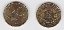 20 Pfennig Messing M&uuml;nze DDR 1989 fast Stempelglanz (130741)