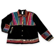 Coldwater Creek Artsy Boho Jacket Black Velvet Colorful Patchwork Stripes Medium