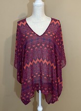 Show Me Your Mumu Medium Red/ Pink Floral Semi-Sheer Poncho Tunic Blouse