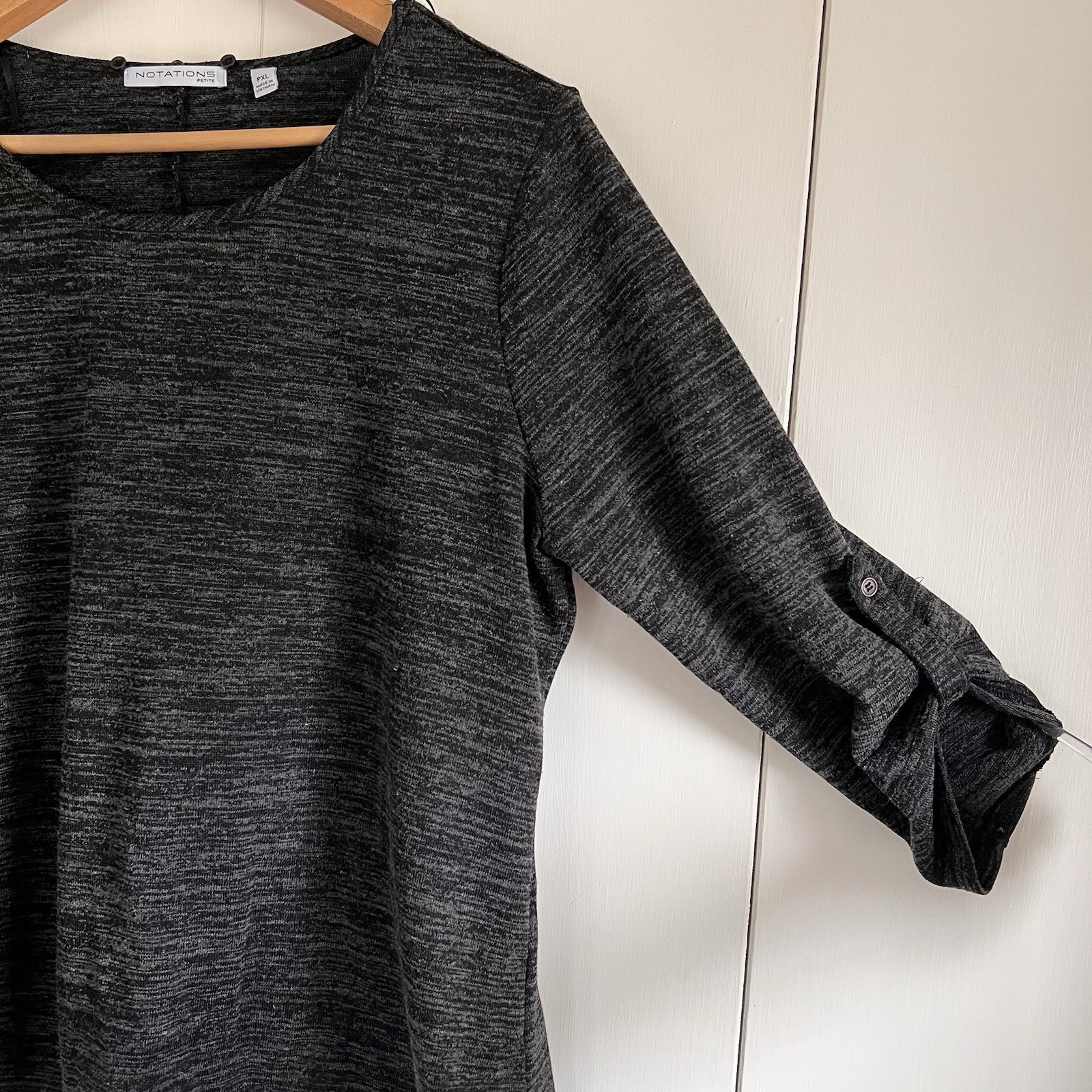 Notations 3/4 Roll-Tab Sleeve Top Black/Grey Heathered Petite XL