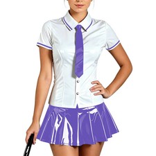 Short Sleeve Button-up Shirt with Pleated Skirt Set PVC Leather Cosplay Outfits