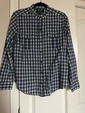Filson Women's Large Band Blade Collar Shirt Blue Black White Plaid