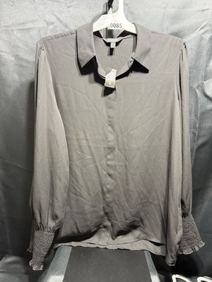 Express Women s XL Black Solid Smocked Collared Puff Long Sleeve Button Blouse