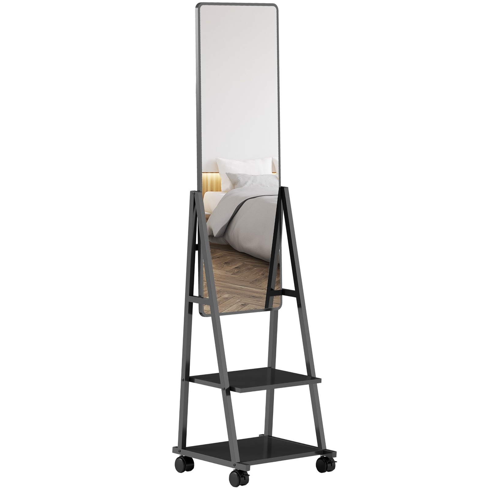 Ganzkörperspiegel 42 x 155 cm Standspiegel mit Ablage, Wandspiegel mit Rolle