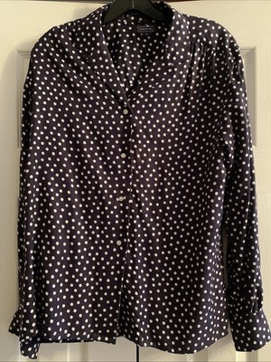 Hathaway Vtg Size 4 Blouse Long Sleeve Button Up Polka Dot Navy & White