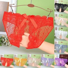 Womens Embroidery Bow Detail Crotchless Lace Panties in Multiple Colors