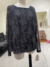 White Stag  Black Metallic Long Sleeve Mesh Blouse Size XLNew With Tags
