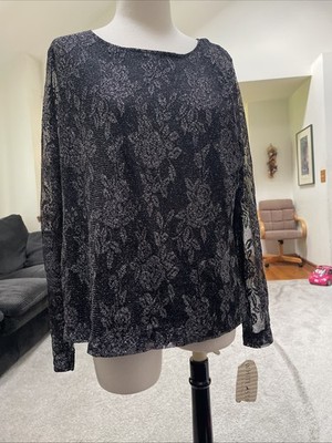 White Stag  Black Metallic Long Sleeve Mesh Blouse Size XLNew With Tags