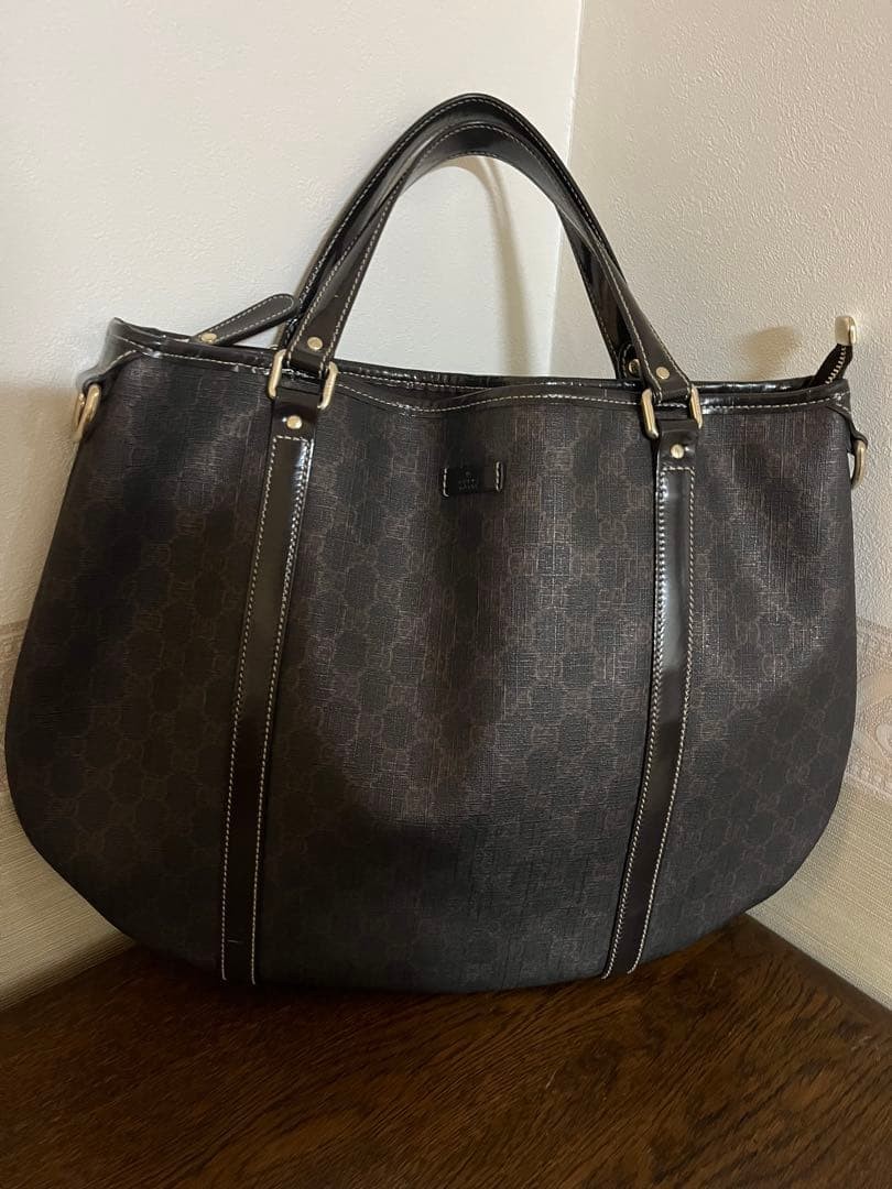 GUCCI Tote Bag Dark Gray Synthetic Leather Honeycomb Pattern Authentic