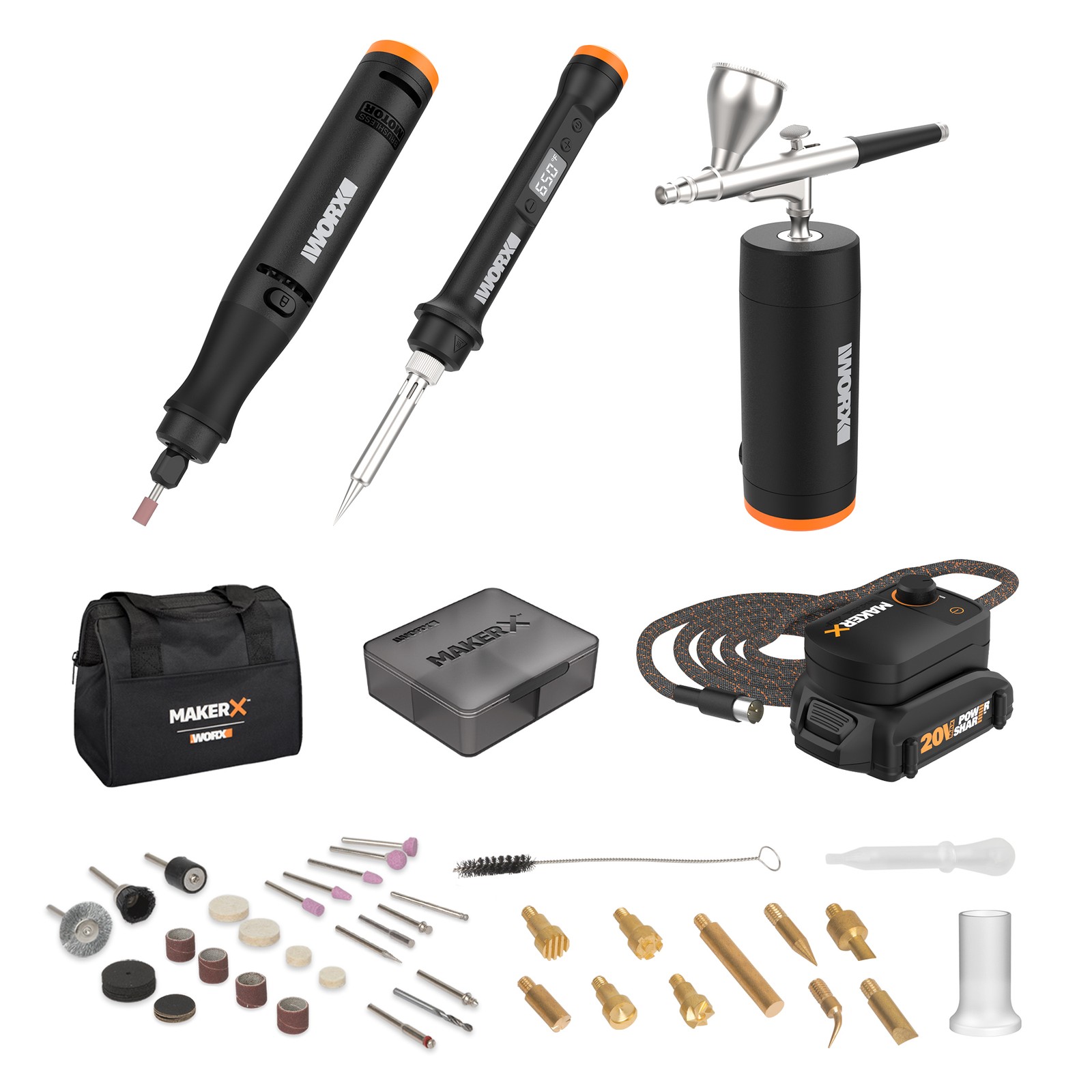 WORX WX993L 20V (3) PC MAKERX Combo:Rotary Tool + Wood/Metal Crafter + Air Brush