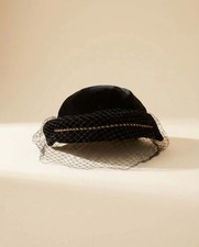 Vintage Black Velvet Birdcage Veil Hat, Cocktail Fascinator, 1950s Style Veiled