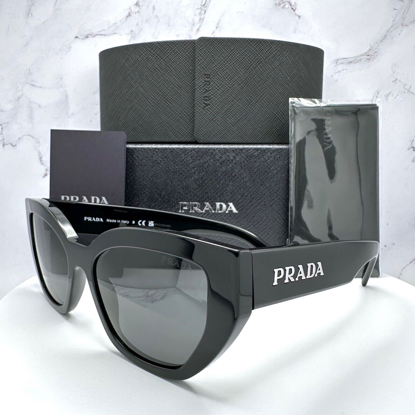 PRADA Black Cat Eye Sunglasses with 3D Silver Metal Letters Authentic PR A09S