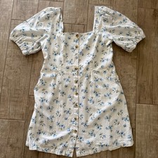 Old Navy Floral Puff Sleeve Button Up Mini Dress White Blue Square Neck Smocked