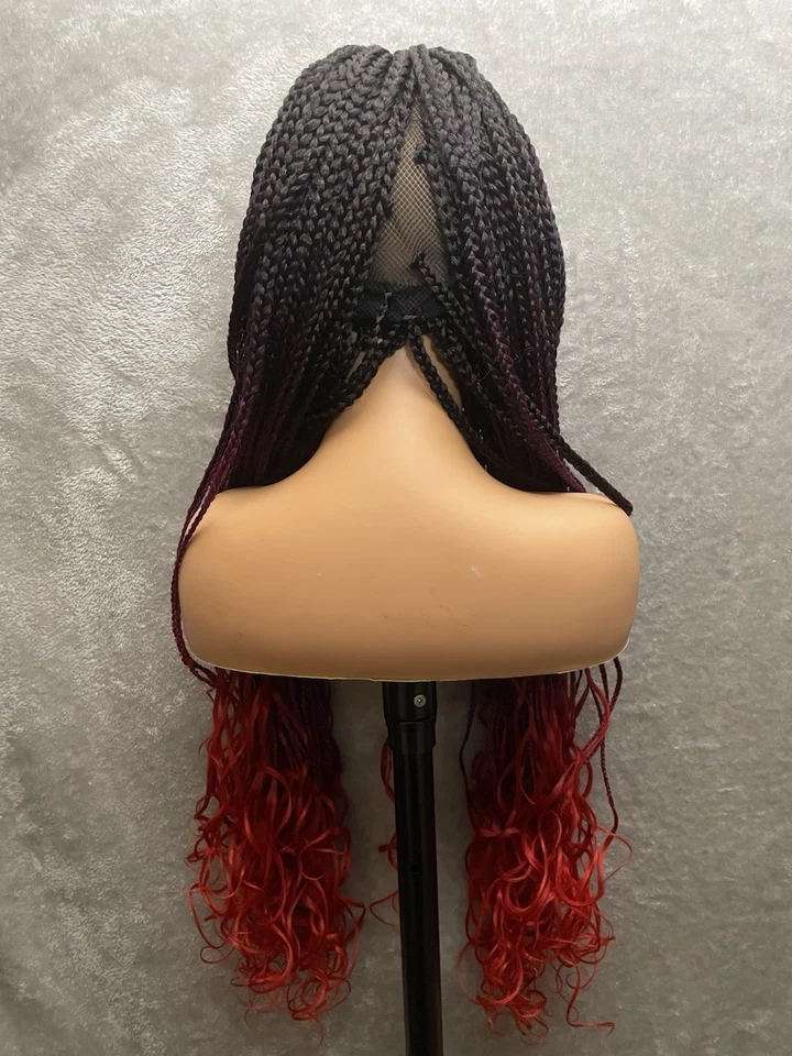 40英寸长盒编织假发-花边正面|红色/紫色卷曲末端合成网帽 — 第 4/4 张图片
