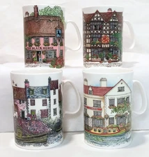 VTG 4 Dunoon Fine Bone China Mugs Village Inn's & Cottages Coffee Cups England