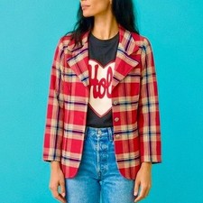 Vintage 70s Red Plaid Blazer Academia Preppy Small Mod Fitted Tartan Jacket