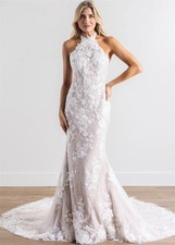 Halter 3DFloral Lace Mermaid Wedding Dress Sleeveless Long Train Nude Lined Gown