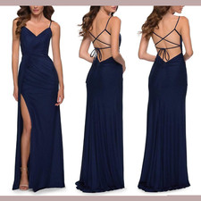 NEW $318 La Femme [ 10 ] Jersey V Neck Ruched Strappy Slit Gown in Blue #S174
