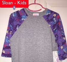 NWT LuLaRoe Kids SLOAN Size 8 BASEBALL TEE Grey with Purple AZTEC FLORAL Sleeves