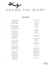 Sameer Gadhia Signed Autograph Young The Giant My Body Song Lyric Sheet ACOA COA