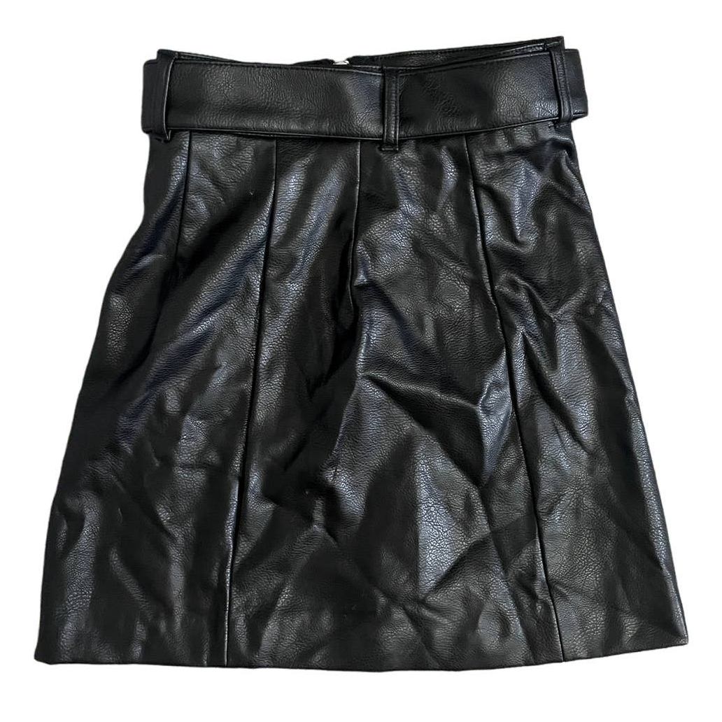 Black Faux Leather Mini Skirt High Waisted Belt Eyelets Grommets Buckle