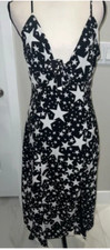Nastygal Dress Women 6 Black White Stars Midi Tie Front Slits Sexy Low cut