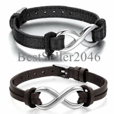 2PCS Men Women Stainless Steel Love Infinity Couples Leather Bracelet Adjustable