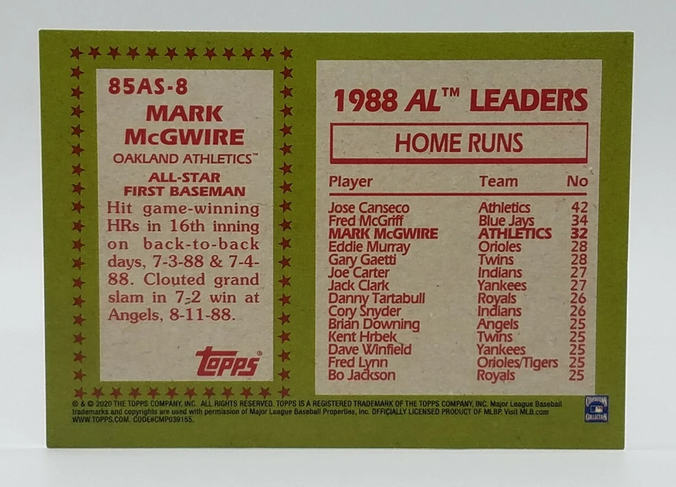 2020 Topps Series 2 Mark McGwire 35th All Star #85AS-8 Oakland A's 🔥🔥🔥 - Image 2 of 2