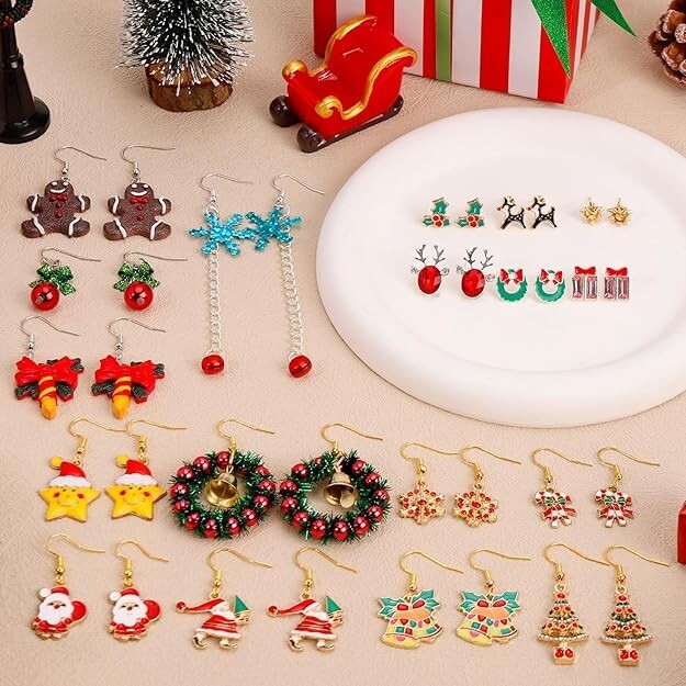 Christmas Earrings For Women – 4-Pair Set With Bell, Snowflake, Tree & Flamingo Designs (Candy Cane Style)
