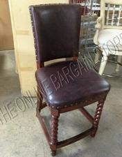 Frontgate Lancaster Leather Barstool COUNTER bar 24" seat Wood Kitchen Stool NEW