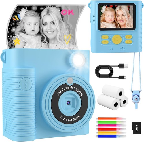 Kids Camera Instant Print,with 2 Shutters,Photo Paper 32G SD Card, PURPLE ONLY