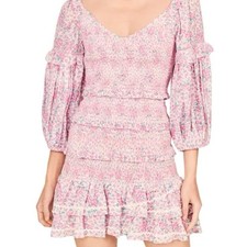 LoveShackFancy Ensley Candy Heart Floral Smocked Ruffle Mini Dress Medium