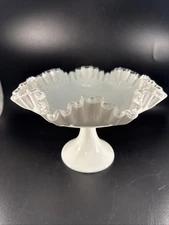 VTG Fenton Milk Glass SILVER CREST  Double Crimp Pedestal Bowl Compote 8”x11.5”