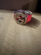 Classic Gucci Red Leather Belt Gold GG Authentic Size 32-34 95cm
