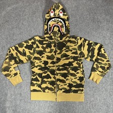 A Bathing Ape Shark Full-Zip Hoodie Medium Yellow Camo Cotton Frayed Hem