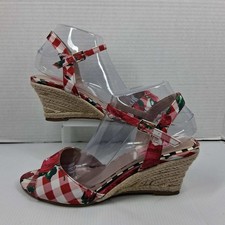 Betsey Johnson Athena Red Gingham Floral Espadrille Wedge Sandals Womens 9.5 M