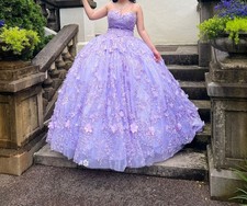 Lavender Tulle Strapless Ballgown with Beaded Floral Applique,quinceñera drees 