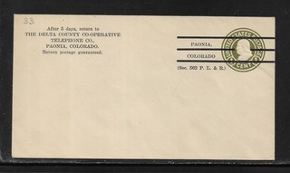 US Precancel Envelope: CO Paonia 1a2 E 10 33 Unused (Delta County Telephone Co.)
